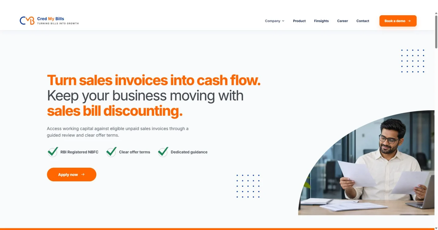 Cred My Bills homepage explaining sales invoice discounting in orange and white