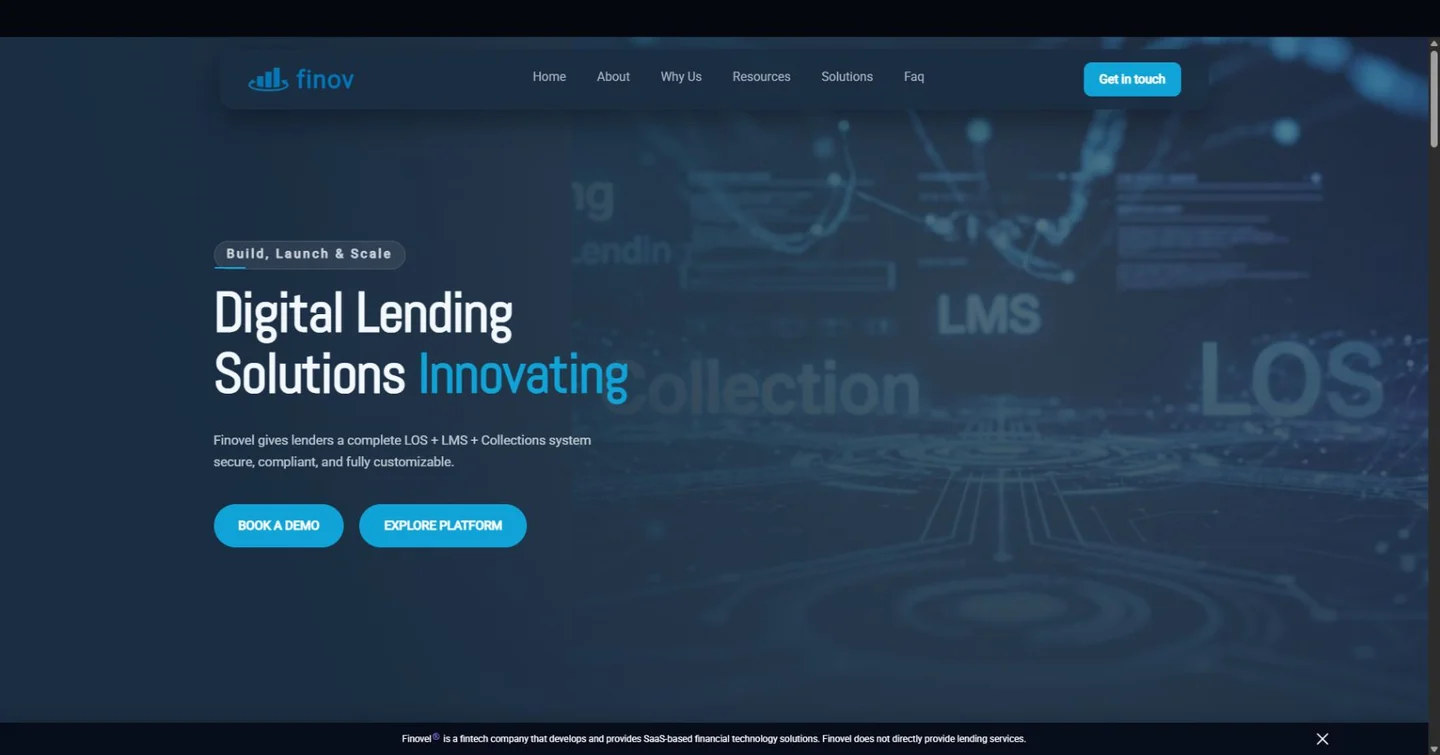 FINOVEL homepage with a blue digital lending platform design