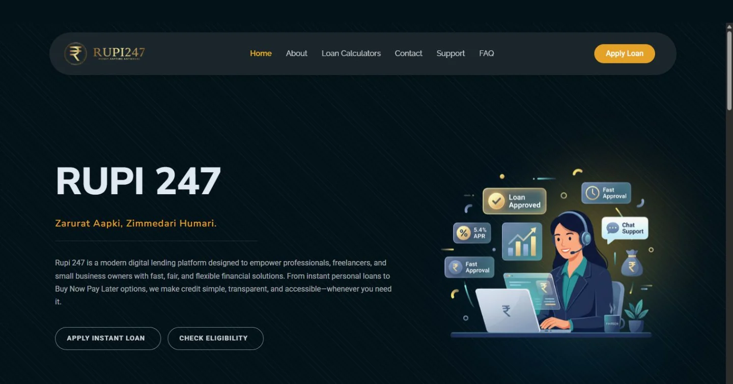 RUPI247 homepage with gold accents, a dark background and a customer support illustration