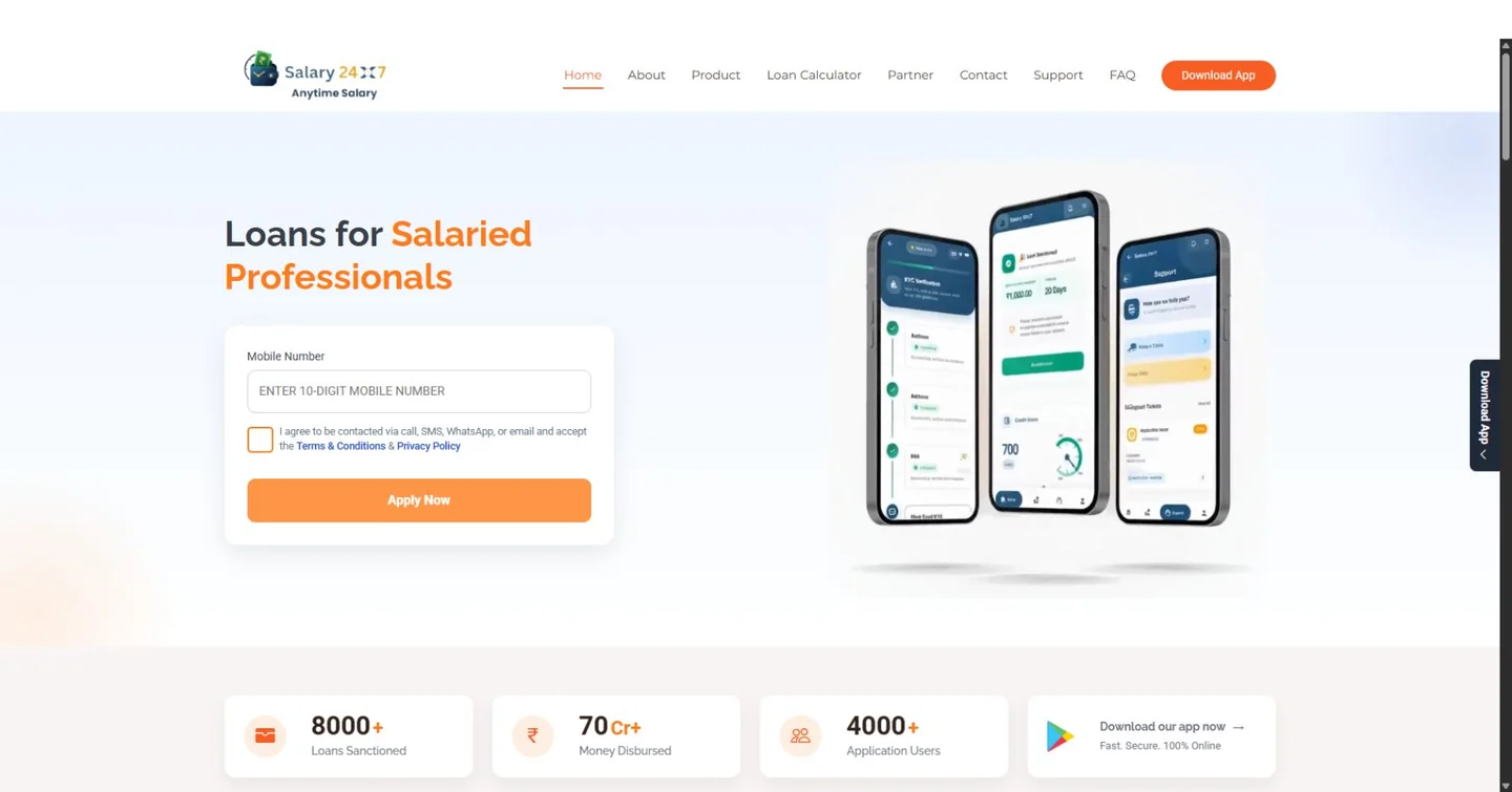 SALARY24X7 homepage with an orange application form and mobile app preview